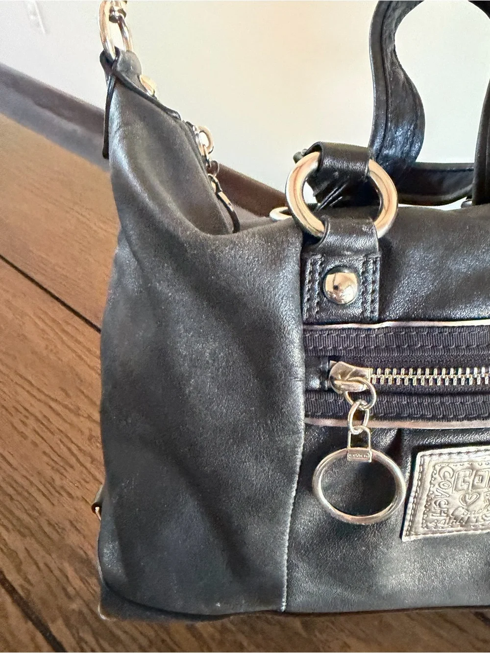 Coach Poppy Y2K Black Distressed Boston Satchel Double One-Shoulder Bag Silver